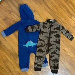 Carter’s 12M Baby Boy Dinosaur Jumpsuits | Set of 2 | NWOT Blue, Brown Footies